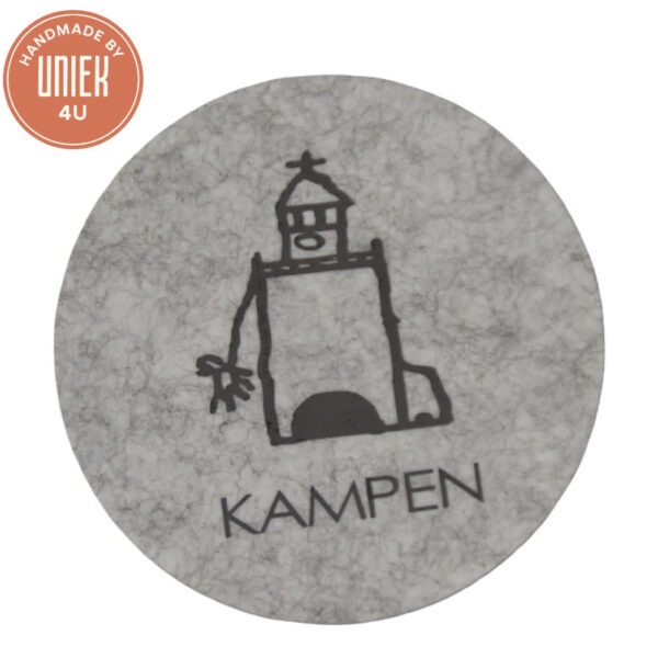 Grijze ronde onderzetter Nieuw Toren van Kampen van gerecycled vilt – Duurzaam en stijlvol