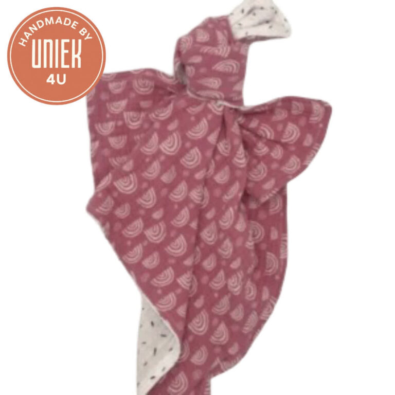 Knuffeldoekje roze met witte spikkels en regenbogen, 40x40 cm, zacht en comfortabel