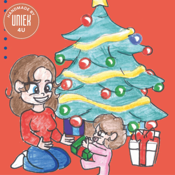 Handgemaakte kerstkaart - Kind en moeder met cadeautjes