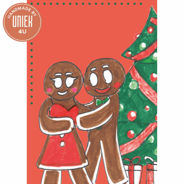 Handgemaakte Kerstkaart - Knuffelde poppetjes bij kerstboom