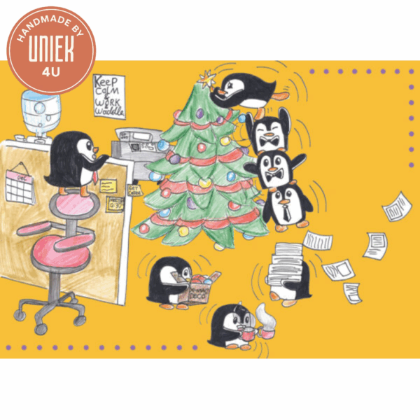 Handgemaakte kerstkaart - Pinguïns bij kerstboom