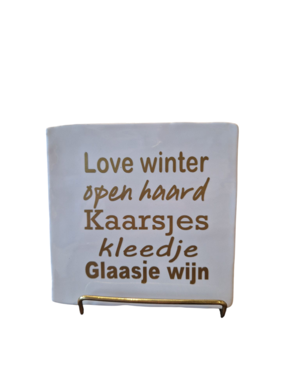 Tegeltje - Love winter open haard Kaarsjes kleedje Glaasje wijn