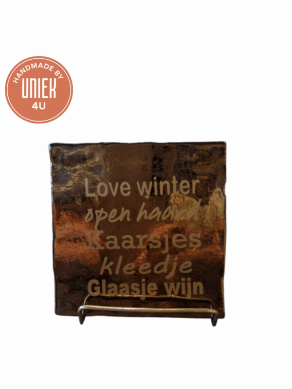 Tegeltje - Love winter open haard Kaarsjes kleedje Glaasje wijn