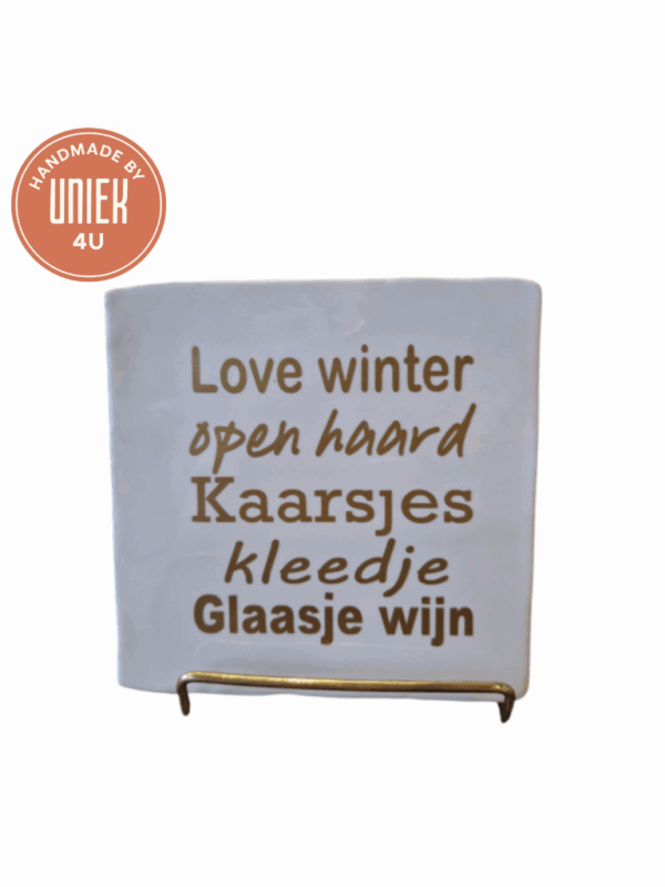 Tegeltje - Love winter open haard Kaarsjes kleedje Glaasje wijn