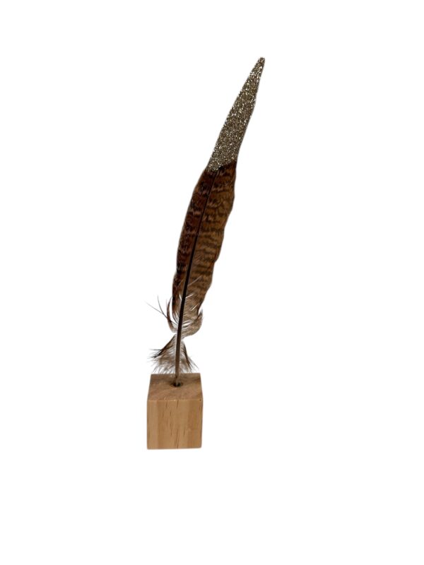 Houten blokje met fazantveer (bruin met zilverglitter)