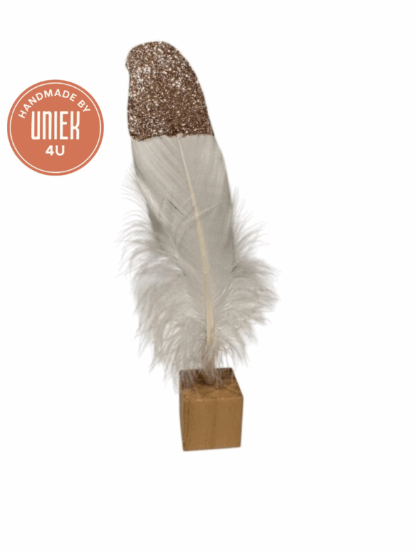 Houten blokje met veertje - (Wit met Bronsglitter)