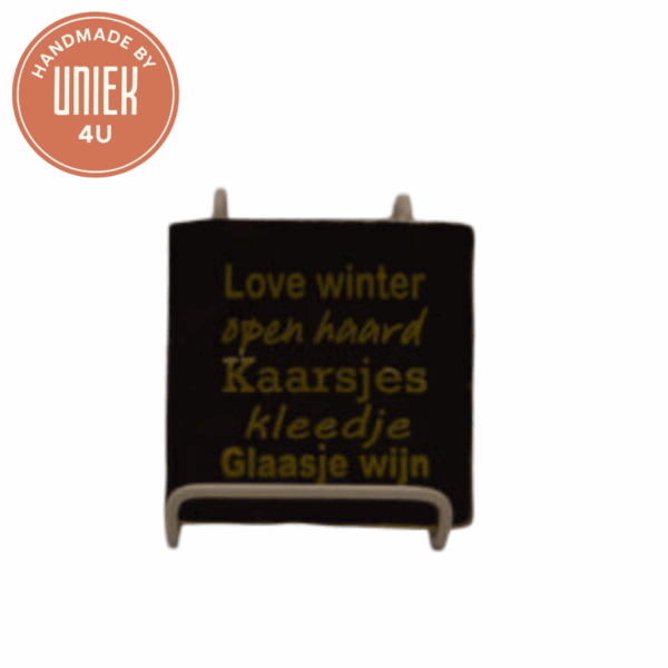 Tegeltje - Love winter, open haard, kaarsjes, kleedje, glaasje wijn - Goud