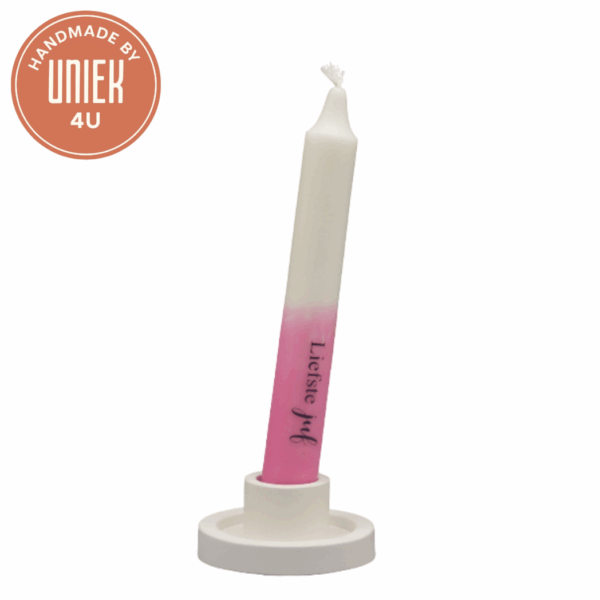 Uniek - kaars - Liefste juf - wit met roze