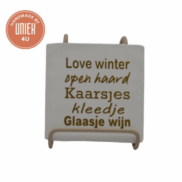 Uniek - tegeltje - Love winter, open haard, kaarsjes, kleedje, glaasje wijn - wit