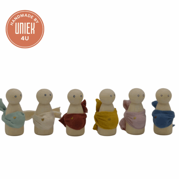 Zwanger poppetjes - hout met katoen - Wit, Lila, Blauw, Groen, Geel en Rood
