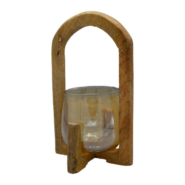Jens Living - Houten lantaarn met glazen kaarsenhouder - bruin