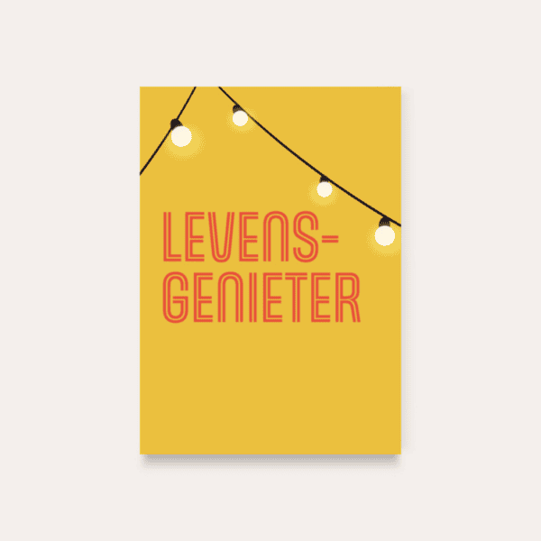 Vrolijk levensgenieter poster met sfeervolle kerstverlichting, geel en roze kleuren.
