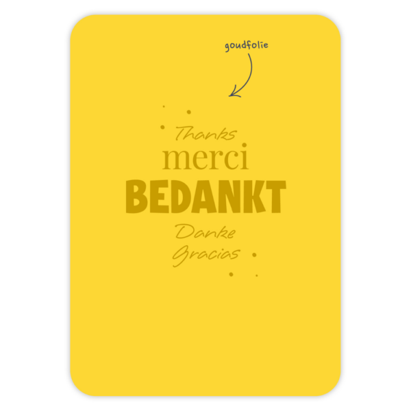 Givex wenskaart dank geel met gouden letters Thanks, merci, bedankt, danke, gracias